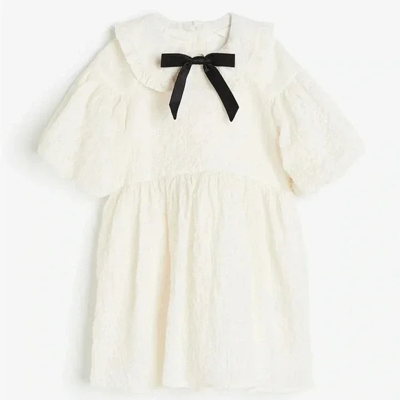 H&M kids dress textured peter pan collar toddler girl ruffle bows ivory formal - Picture 1 of 7
